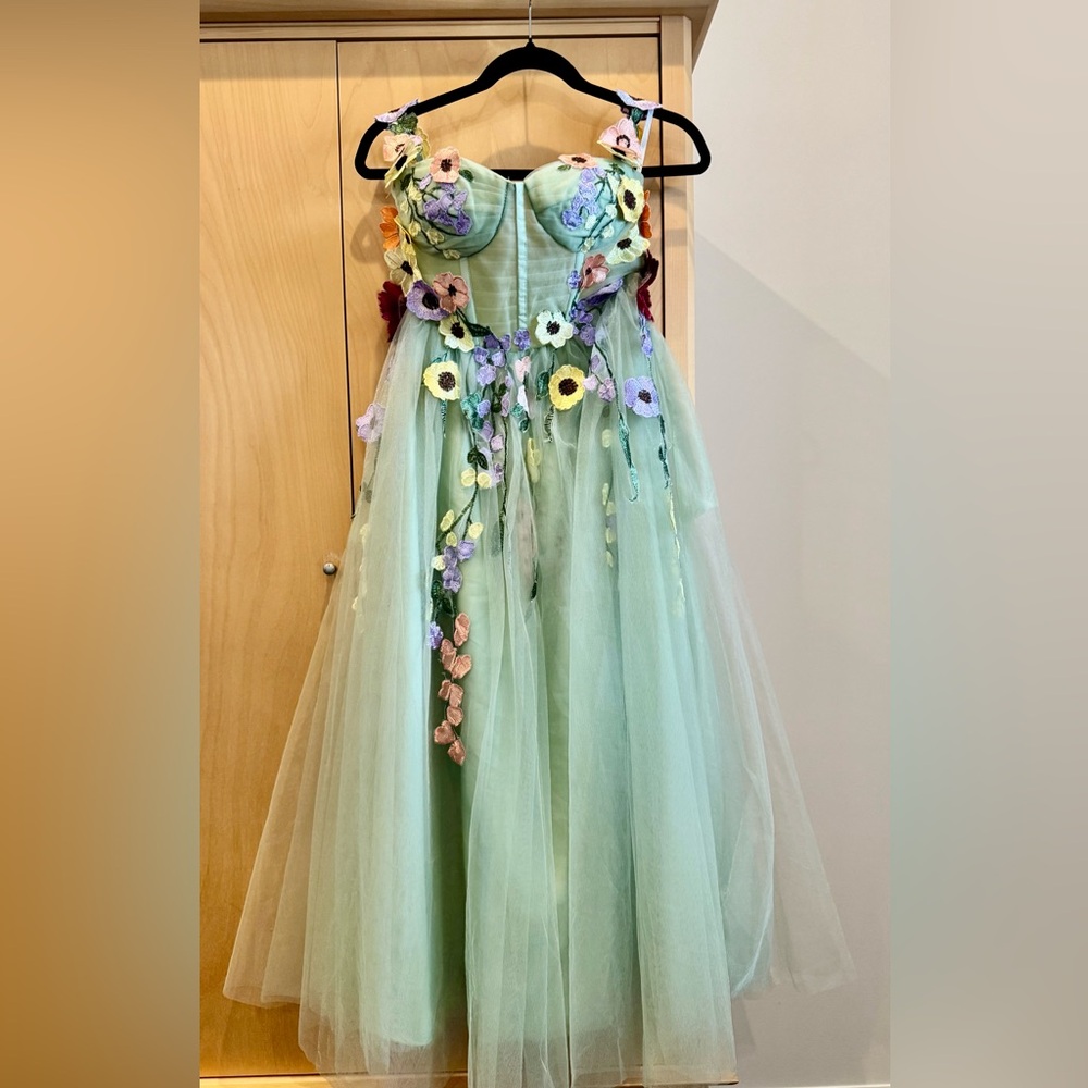 Floral Embroidered Sage Green Tulle Gown - BRAND NEW
